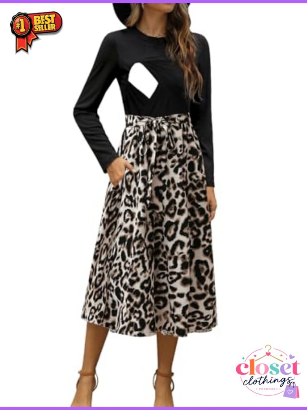 Nursing Maternity Dress Long Sleeve Floral Patchwork Ribbed with Pockets
